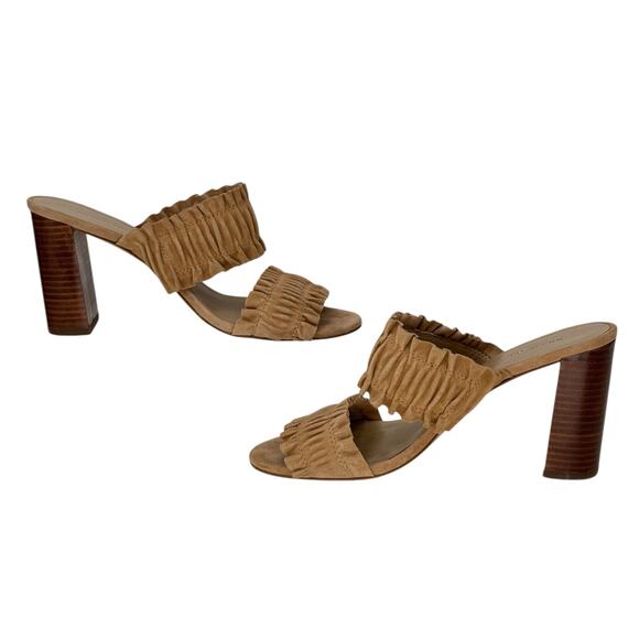 Ann Taylor Ruffle Heels Mule Sandal SZ 8.5 Womens Tan Boho Chic Casual Vacation - Picture 3 of 12